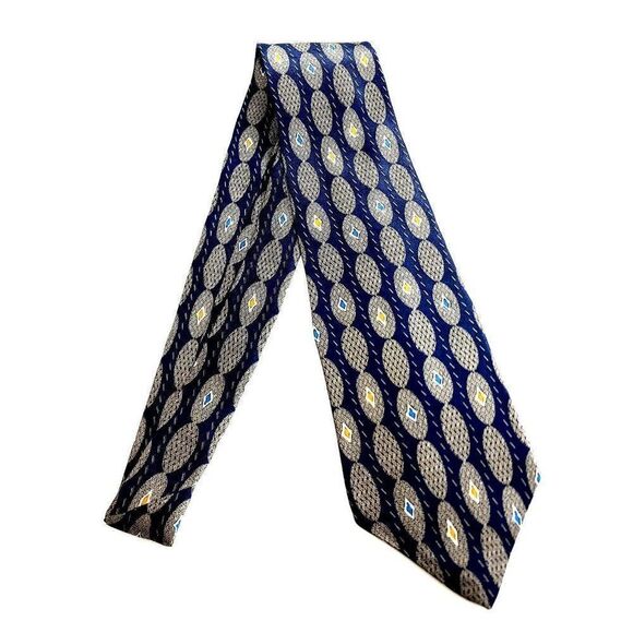 Albert Nipon Blue Beige Tan Geometric Jacquard Print Short Wide Silk Tie - Picture 7 of 7
